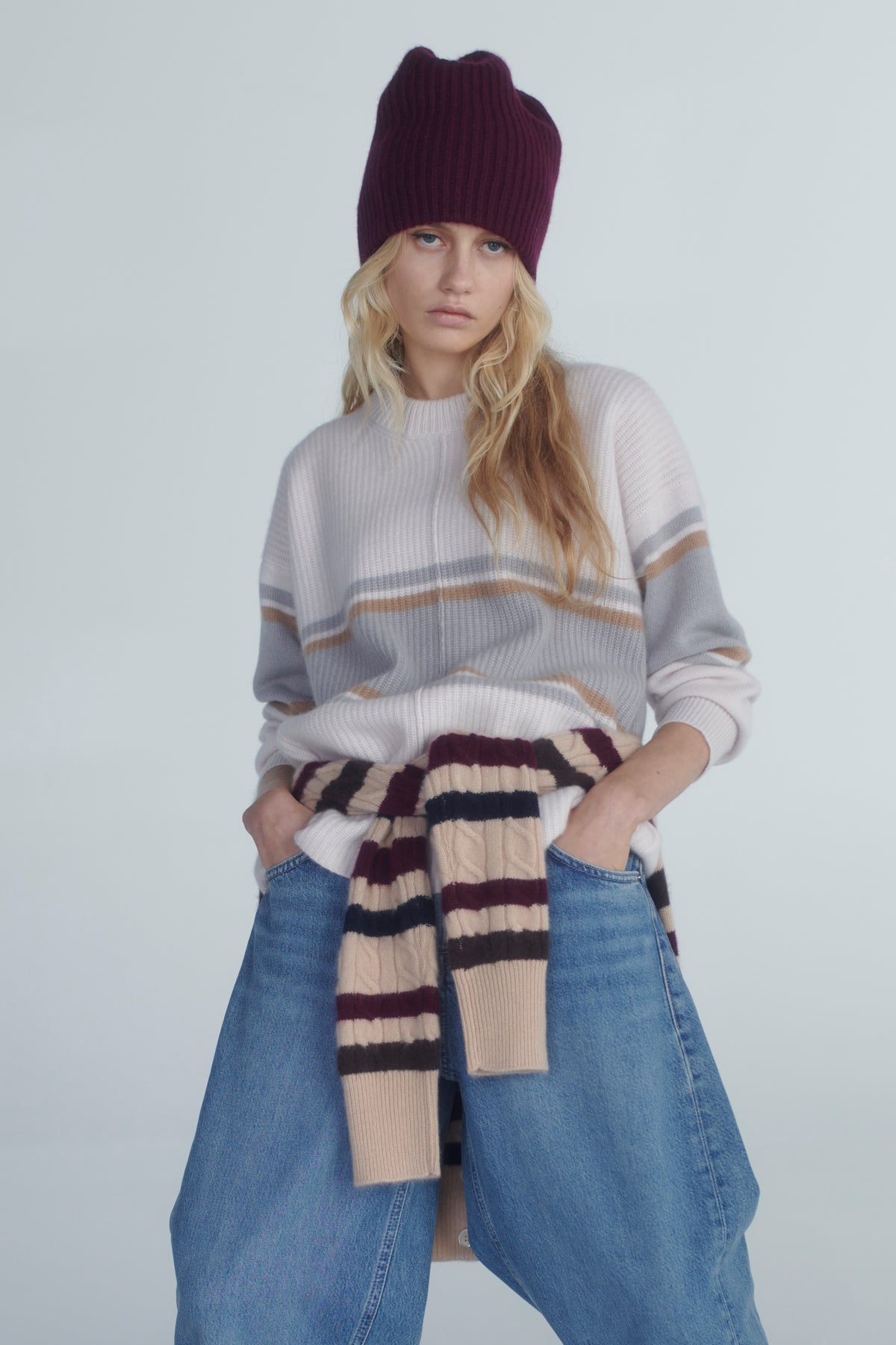 Striped knit with a burgundy beanie